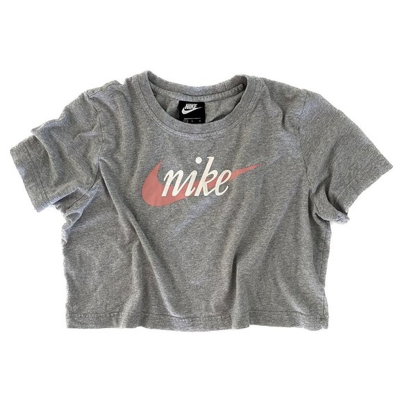 Nike Tops - NIKE Essential Cropped Tee with Light Pink Swoosh - Heather Grey - Size Large